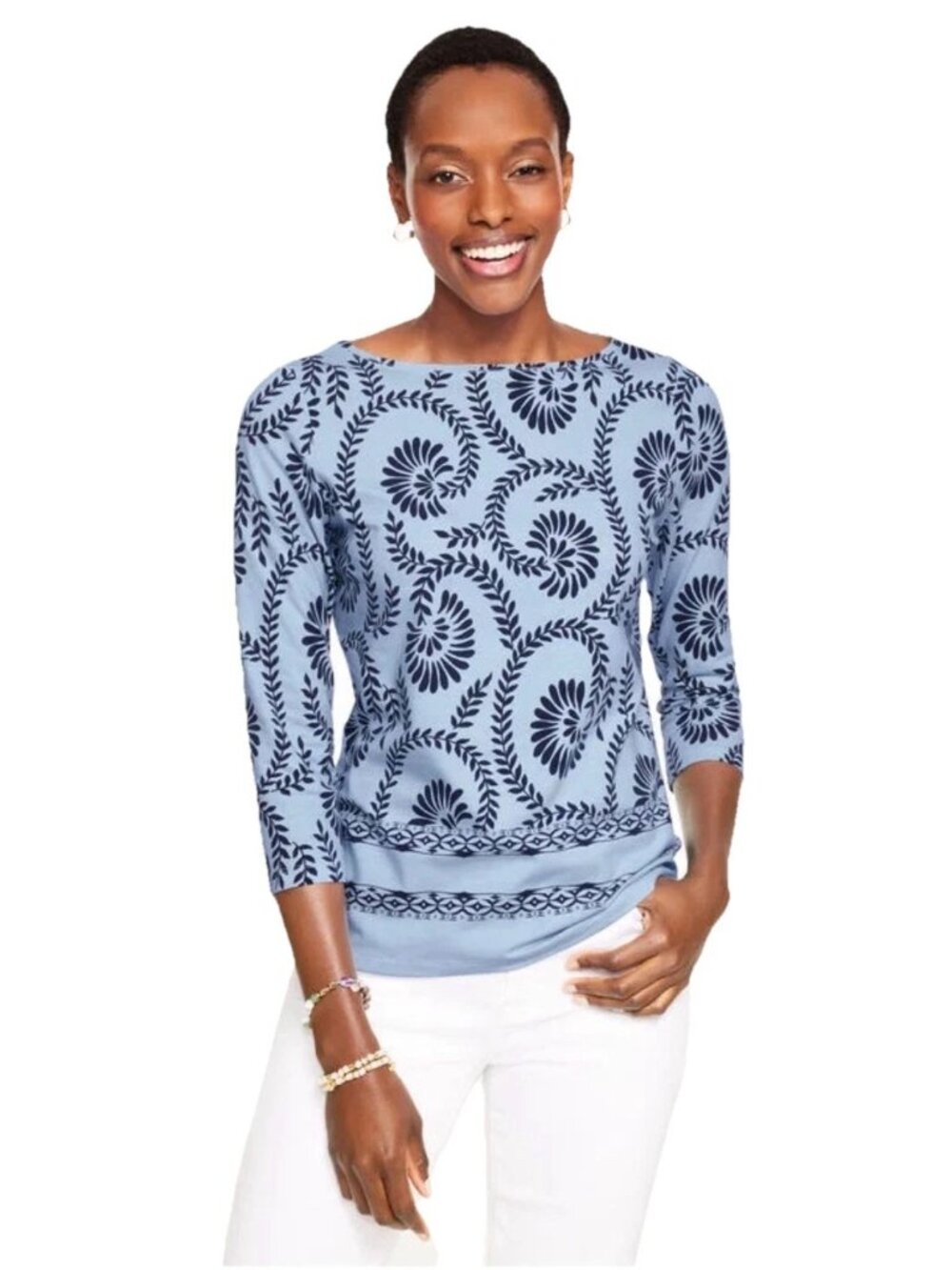 TALBOTS Light Blue "Swirling Vines" Bateau Neck 3/4 Sleeves Tshirt Sz XS